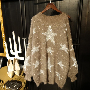 亮丝闪光丝性感露肩星星毛衣欧洲站轻奢灯笼袖优雅中长款闪闪上衣