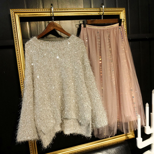 亮丝闪光丝前短后长毛衣欧洲站名媛风轻奢优雅宽松针织闪闪上衣女