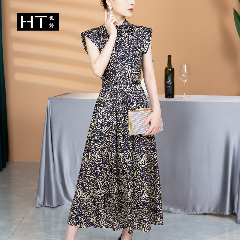 狐婷 真丝连衣裙女夏 黑玫瑰印花2021新款气质无袖修身轻熟风裙子