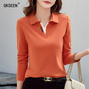 时尚 新款 休闲百搭翻领外穿宽松显瘦上衣 t恤女2025年秋季 纯棉长袖