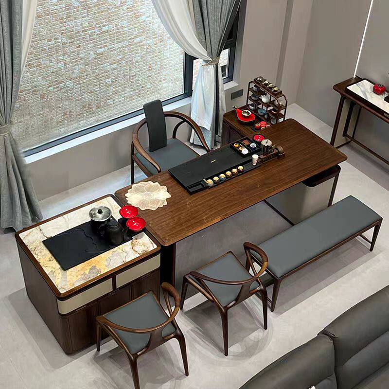 新中式黑胡桃木茶桌椅组合岩板岛台实木高端茶台老板桌大班台别墅