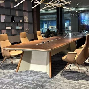 轻奢新中式会议桌实木黑胡桃木简约开会洽谈桌会客接待桌大型长桌