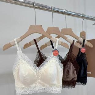 早秋金丝绒V领蕾丝美背吊带内衣女士一体杯聚拢抹胸舒适内搭打底