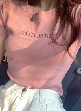 夏季新款韩版字母刺绣修身短袖T恤女上衣外贸女装潮