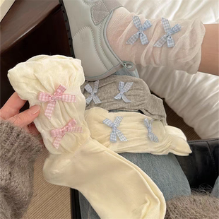 薄款 miu系蝴蝶结袜子女中筒袜夏季 纯棉ins潮日系芭蕾风jk堆堆长袜