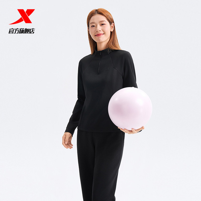 特步运动半拉链长袖T恤女款2026春季新款针织套头衫974128030011