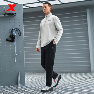 特步男加绒针织长裤2024冬季新款休闲运动直筒长裤子976429630181