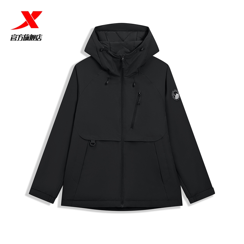 特步外套女2025年冬季新款宽松连帽上衣保暖防风风衣975428160076