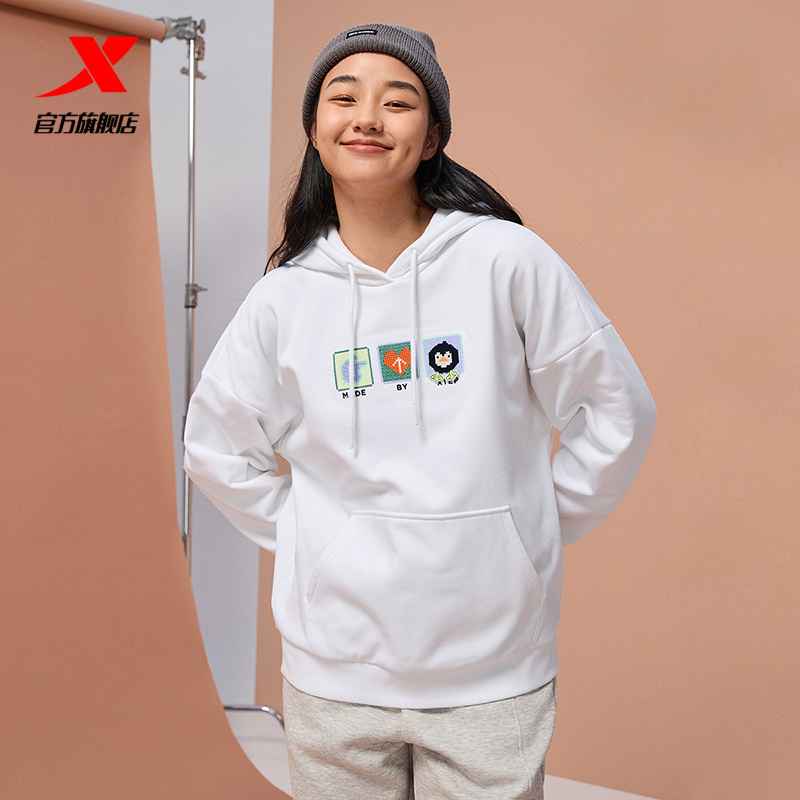 特步加绒连帽套头卫衣女落肩款