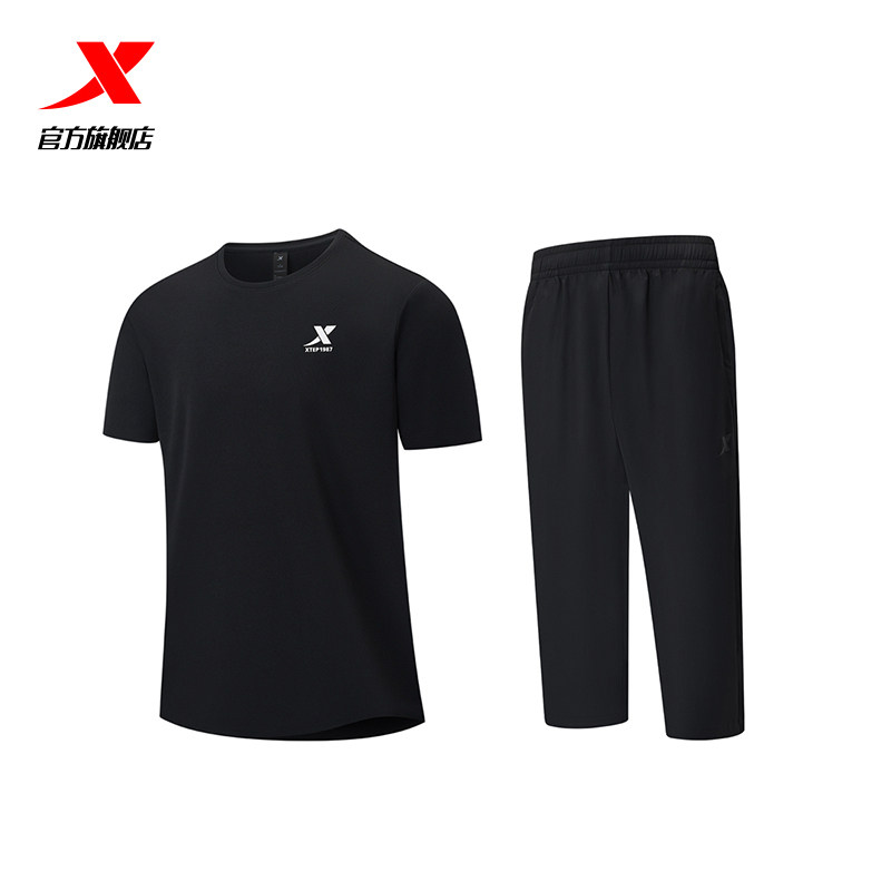 特步速干套装丨男运动两件套夏季透气T恤短袖短裤跑步体测七分裤