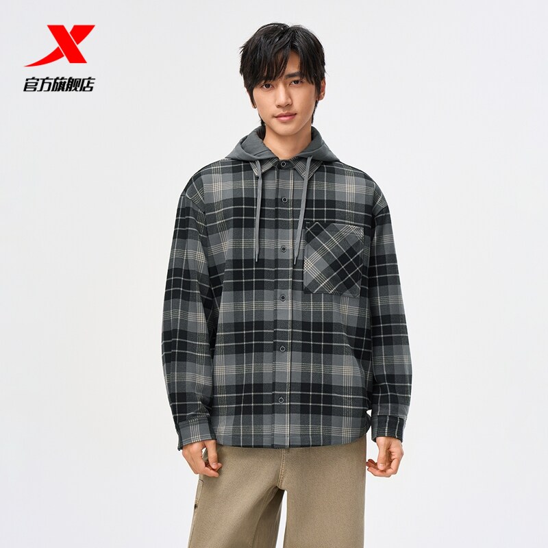 特步长袖衬衫男女2025年冬季新款运动上衣连帽外套9754292A0498