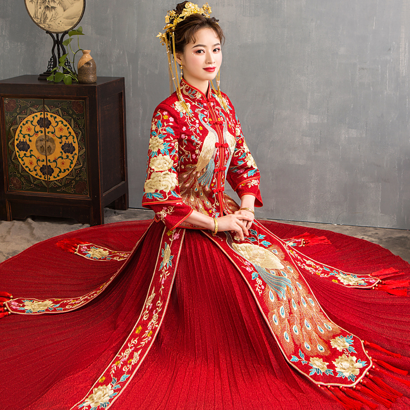 秀禾服新娘2019新款女中式婚纱结婚礼服金色禾秀服抖音敬酒服大码10-30新券
