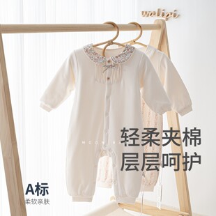 娃丽比2025女宝宝夹棉新款婴儿长袖纯棉婴幼儿开胸连体衣外出爬服