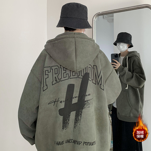500克仿麂皮绒加绒加厚大码秋冬重磅连帽拉链开衫男卫衣LK328/P78图片