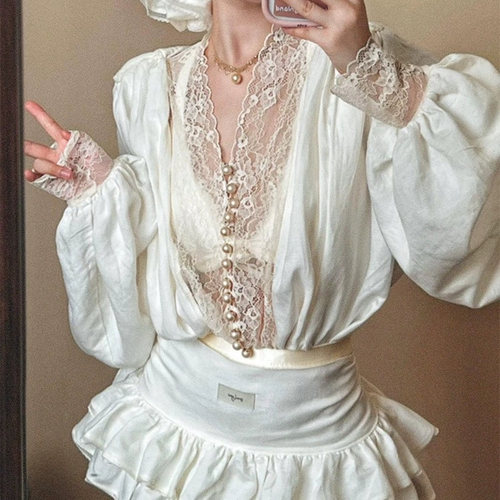 法式纯欲超仙绝美蕾丝拼接长袖衬衫女春季高腰绑带半身短裙两件套