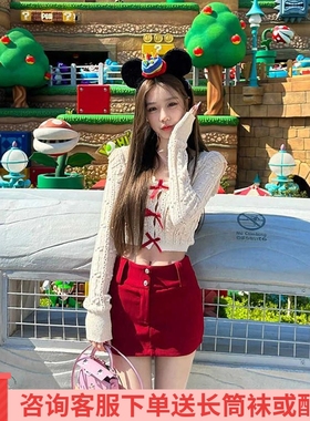 秋季新款蝴蝶结镂空钩花针织衫红色显瘦修身半身包臀短裙裤女套装