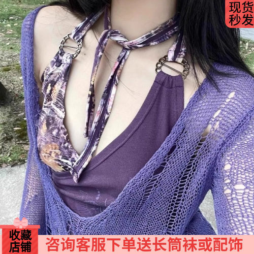 不规则紫色夏季修身绑带上衣复古
