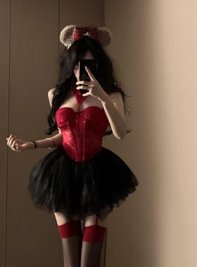 蕾丝吊带背心性感辣妹花边鱼骨网纱露美背法式上衣蓬蓬裙时尚套装