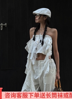 时髦先锋高级不规则蕾丝抹胸超酷的宽松小众设计白色街头辣妹上衣