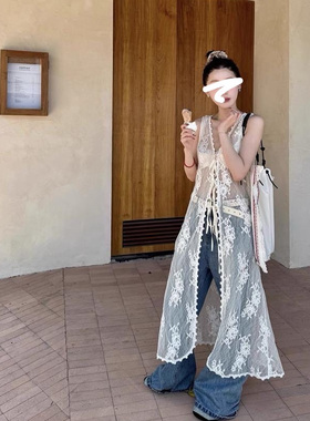 2025春夏新款小众设计蕾丝马甲式连衣裙修身长款叠穿神器镂空罩衫