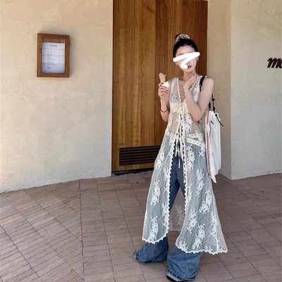 2025春夏新款小众设计蕾丝马甲式连衣裙修身长款叠穿神器镂空罩衫