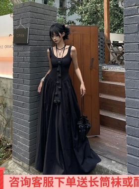 裙子女2024夏季新款甜美古着慵懒风黑色连衣裙甜辣修身长款背心裙