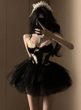 纯欲风蕾丝拼接吊带束腰短款背心上衣黑色网纱蓬蓬裙性感套装