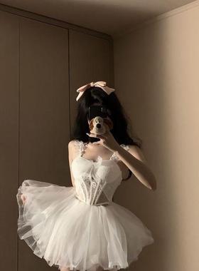 纯欲风甜辣妹白色性感蕾丝吊带背心上衣蓬蓬网纱短裙两件套套装女