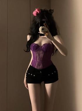 性感蝴蝶结绑带纯欲一字肩女人味紫色连体衣时尚热辣黑色紧身短裤