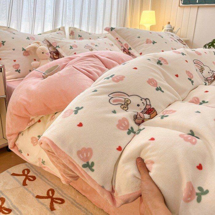 冬季加厚牛奶绒四件套双面珊瑚绒被罩加绒被套小清新宿舍三件套