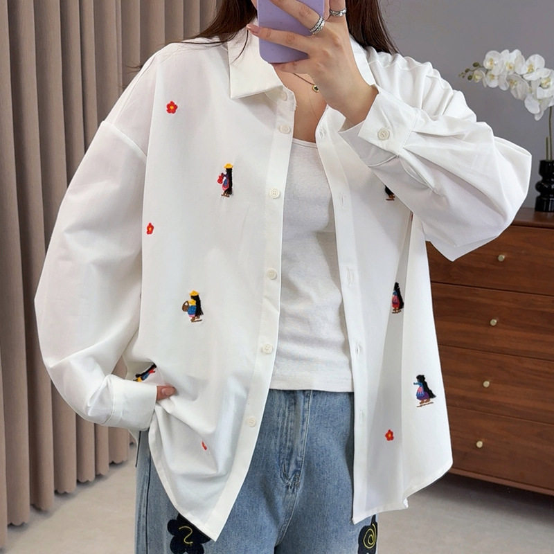 双天2025年新品秋款大码女装胖mm卡通刺绣衬衣长袖女士衬衫9067