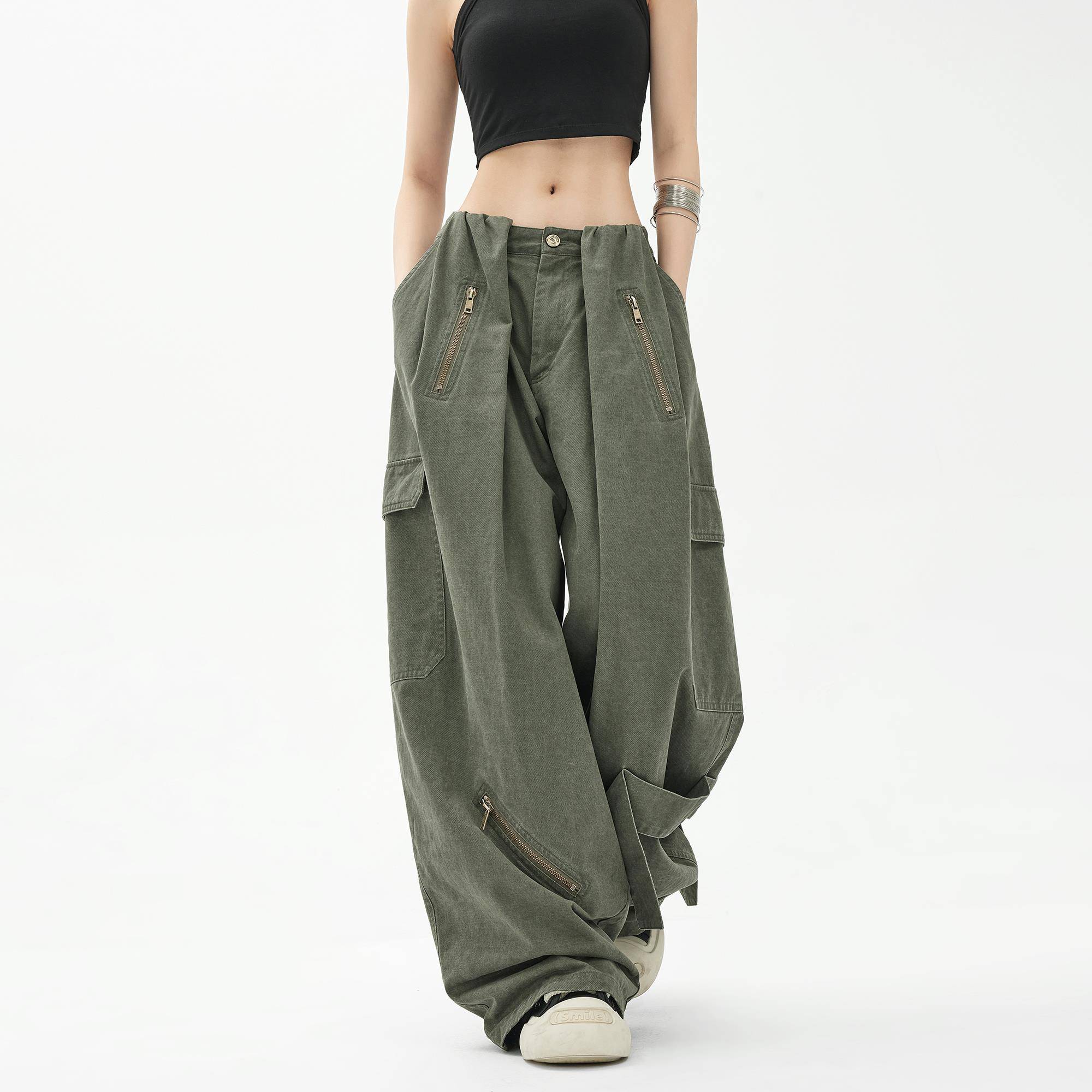 EDX美式复古军绿色伞兵裤夏季工装裤女款宽松阔腿裤拖地裤子薄款