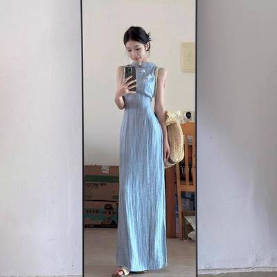 法式复古风改良旗袍连衣裙女设计感新中式国风无袖条纹长裙子夏季