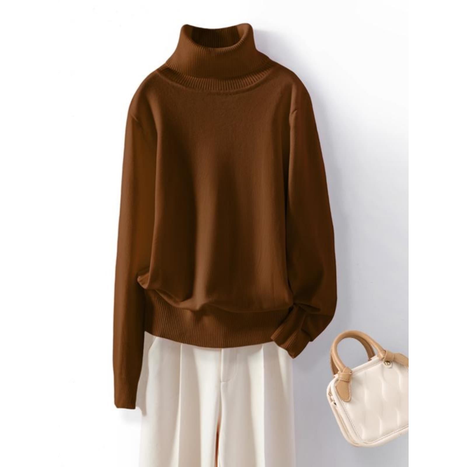 2024咖啡色高领长袖针织衫宽松套头大码毛衣女秋冬软糯内搭打底衫