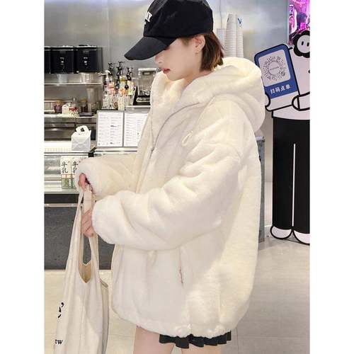 双面羊羔毛绒外套2025秋冬新款彷獭兔毛茸茸大衣短款加厚连帽棉服