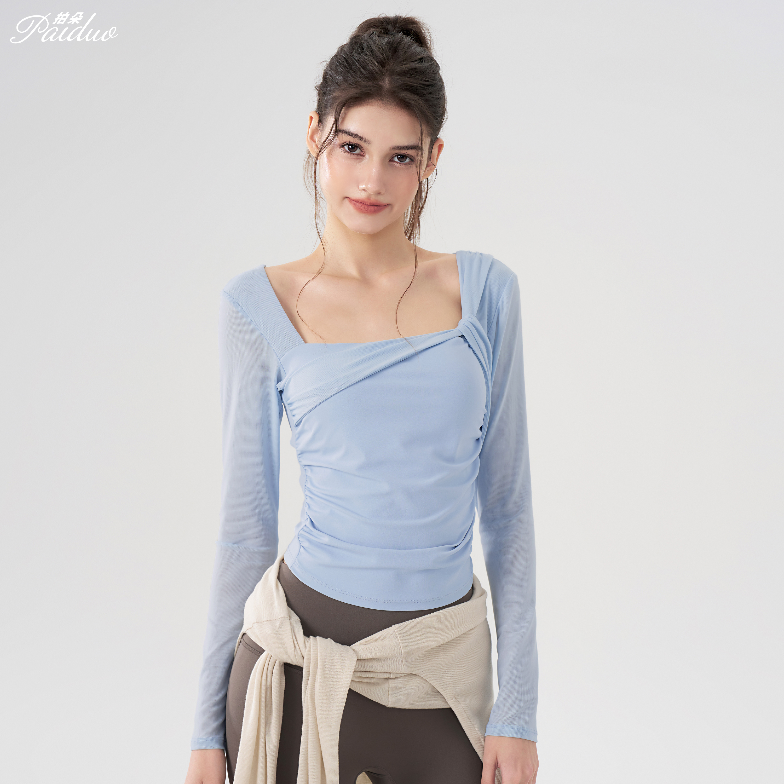 拍朵网纱瑜伽服女性感运动上衣新