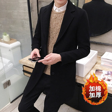 加绒加厚韩版修身潮流秋冬季呢子外套男士黑色风衣中长款毛呢大衣