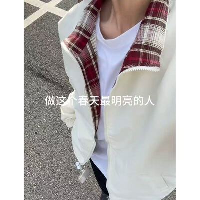 米白色fitcheck抽绳格子外套女春秋休闲运动三防冲锋衣棒球服夹克