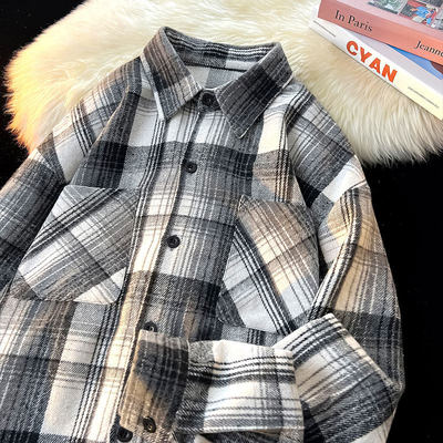 阳光干净穿搭衬衫男生黑白格子外套美式复古oversize长袖衬衣