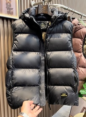反季黑色金标2024冬季棉服马甲男女同款加厚可脱卸帽外穿短款背心