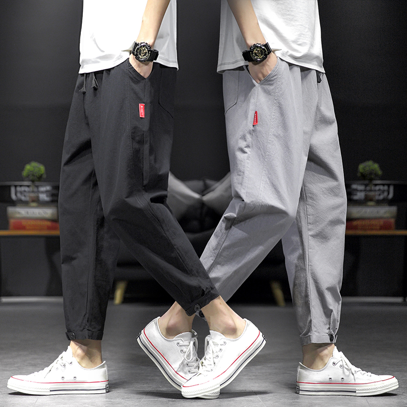 夏季棉麻休闲裤薄款宽松裤子男社会精神小伙开叉小脚裤秋款九分裤