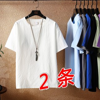 亚麻短袖T恤男士套头夏季圆领中国风立领棉麻布体恤衫白色薄衬衣