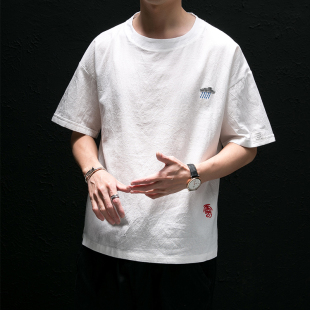 T恤男 宽松hiphop短袖 2021夏季 国潮中国风锦鲤刺绣情侣纯棉体恤衫