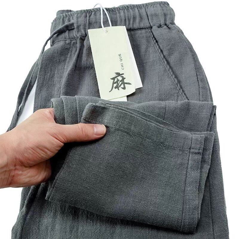 夏季薄款亚麻棉麻运动裤男士直筒宽松冰丝速干九分休闲长裤子男裤