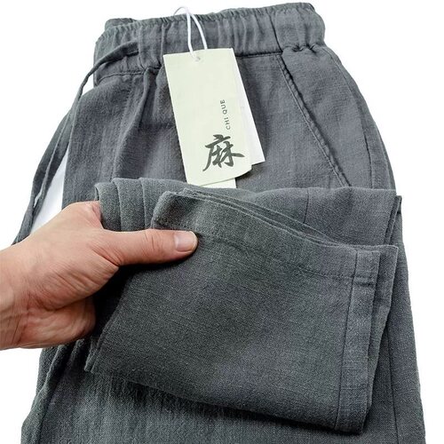 夏季薄款亚麻棉麻运动裤男士直筒宽松冰丝速干九分休闲长裤子男裤