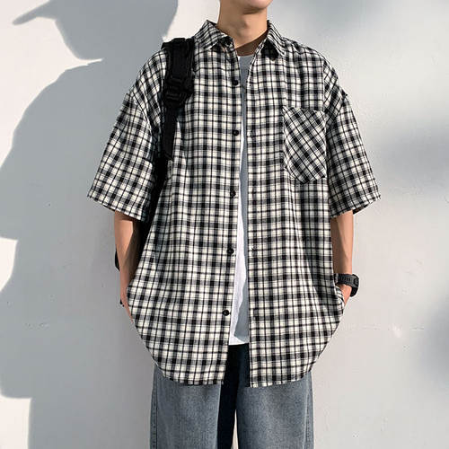 夏季2024新款日系格子短袖衬衫男生潮流百搭宽松痞帅休闲防晒衬衣