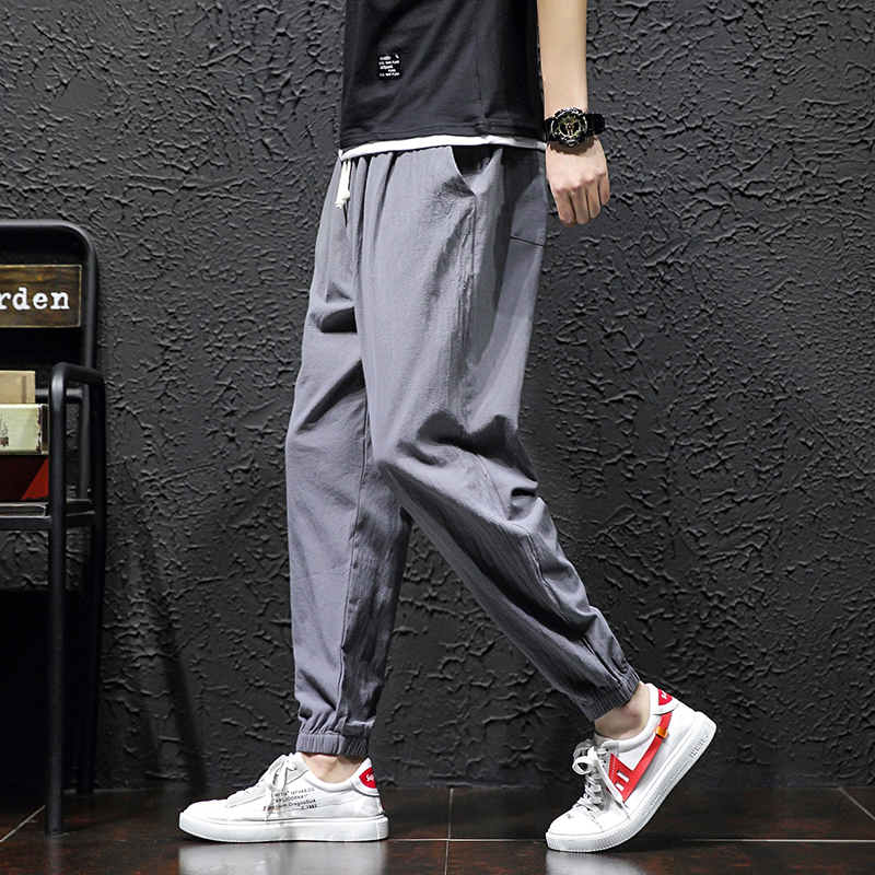 束脚裤男潮牌休闲九分韩版潮流修身百搭潮男9分裤亚麻束腿潮裤子