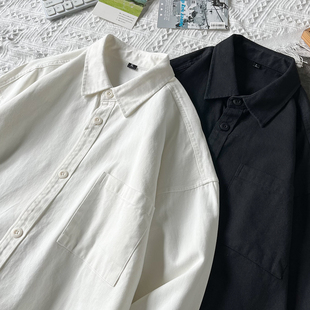 衬衫 男春秋季 重磅纯棉长袖 美式 高级感休闲纯色内搭白色衬衣外套潮