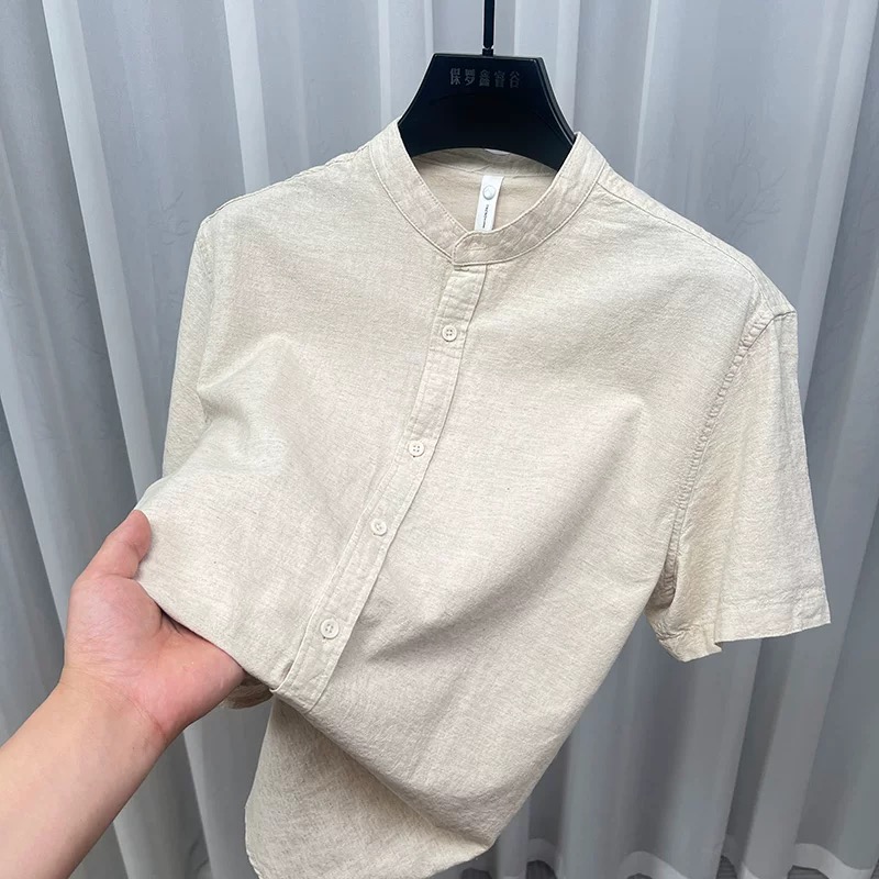 新中式立领短袖纯棉麻衬衫男士夏季亚麻慵懒风高品质半袖棉寸衣男