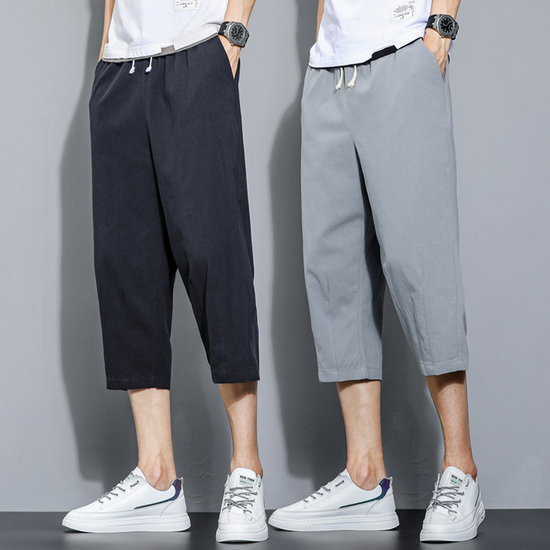 夏季冰丝薄款纯棉短裤男休闲七分中裤男士直筒宽松夏天过膝7分裤